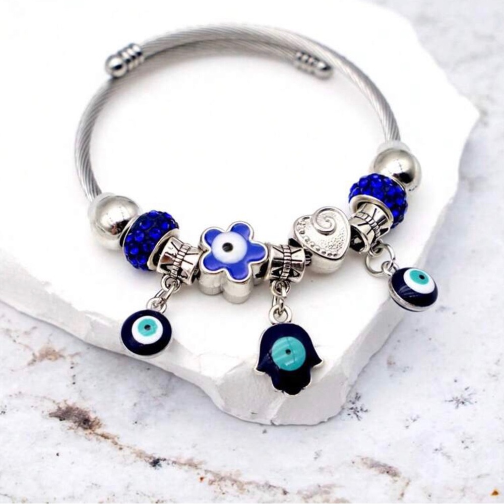 Evil Eye Pandora Style Charm Silver Crystal Bead Bangle Bracelet